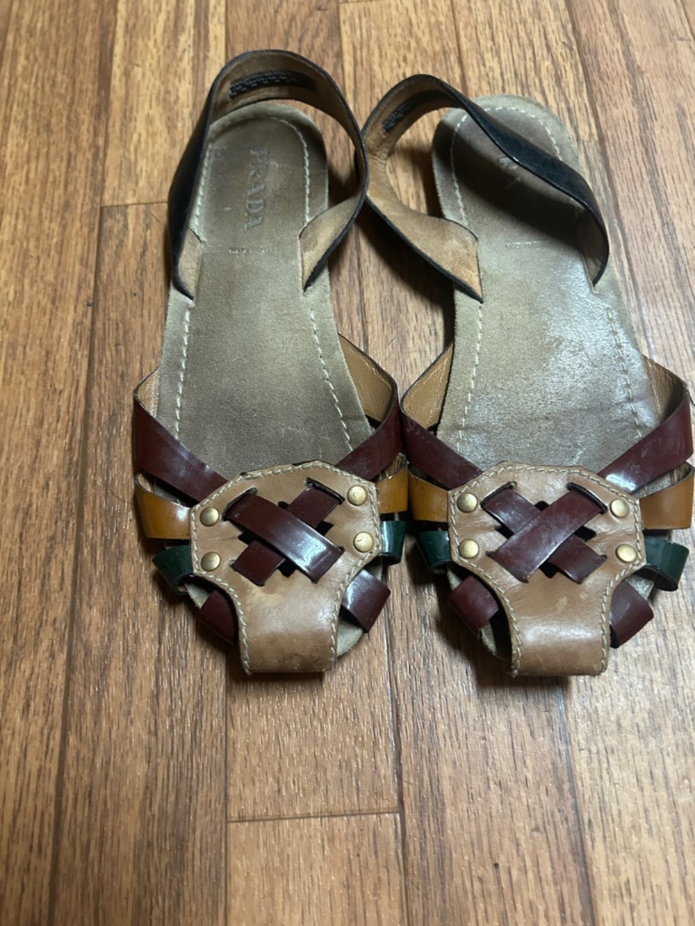 Prada Brown, Burgundy and Green Leather Woven Sandals - Picture 2 of 6